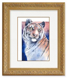 Minoriさん「朝やけ」（F4）朝やけの空色をイメージして虎を描きました、虎は強靭な生命力であらゆる厄災を振り払うとされています。