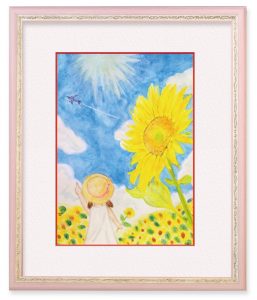 Hanamizukiさん「空に向かって」（F4）自分の描く未来を、水彩色鉛筆を使って、空に向かって咲く向日葵や飛行機を指差す子供で表現しました。
