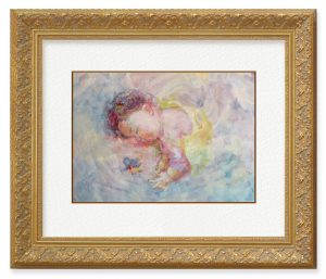 Mitanさん「ひととき」（F4）娘が産まれてから初めて展覧描いた作品です。寝顔を見てホッとしたひとときにたくさんの感謝を込めて。