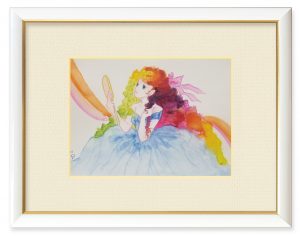 shiyue akizukiさん「虹色乙女」（B5）絵の具の発色と滲みボカシを楽しみながら描きました。舞台に出る前の目一杯の装いと決意を表しました。