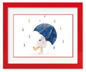 bunさん「虹色の雨」大人になると憂鬱に感じる雨だけど、楽しそうに水たまりで遊ぶ娘を見て想像して描きました。