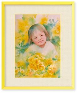 ののはなさん「木香薔薇の花言葉〜幼い頃の幸せな時間〜」言葉の代わりに笑顔を向ける幼い子。すっかり成人した娘の小さい頃を思い出しながら描きました。