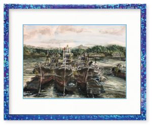 海野さん「昼の静けさ」製鉄所の隣に肩を並べて停泊する漁船の静けさをフレームを水面に反射する光に合わせ描きました。