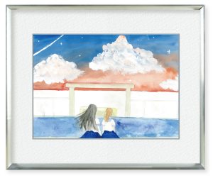 空雲さん「あの日見た夕暮れ」セーラー服を着た少女たちが屋上のプールで夕暮れを見ている所を描きました。