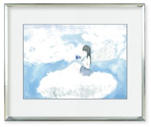 空雲さん「天空読書」雲の上で読書をしている女の子を描きました。線画を鉛筆で描き、水彩で柔らかい雰囲気にしました。