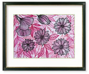 春 美穂子さん「Happy Flower」元気が出そうなピンクカラーをメインに描いた水彩・ペン画です。みずみずしい花々を水滴で表現しました。