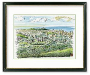 Yo建築・環境設計室　高井洋さん「タンタラスの丘から望むダイアモンドヘッド」グリーングラスが広がる丘から朝日に染まる緑、街、海が神秘的で美しい。一気に描き上げました。