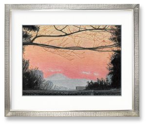 Miyokoさん「夕焼け」　季節により違って見える夕焼け色を遠くに見える富士山と冬色を中心に一年を表現してみたくて描きました。