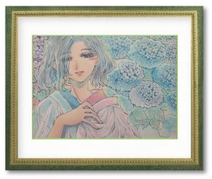 まるるさん「紫陽花（心移り）」　藤島武二『夫人と朝顔』へのオマージュ。まだ朝顔の時期じゃなかったので、紫陽花にしました。