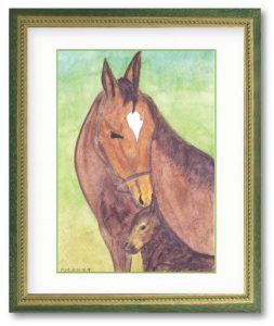 F.M.さん「あのこが母になった」　応援していた馬が引退し母になりました。牧場で仔馬と一緒の姿を想像して描きました。