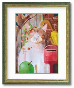 tyaba04さん「signal」　猫は物陰から見ている、そんな日常の愛らしさや言葉遊びや色遊び(青、赤、黄)を楽しんで描きました。