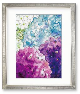 まろんさん「hydrangeas」　近くの様々な場所で紫陽花が満開になり、分離色の水彩絵の具を使いたくなり描きました。