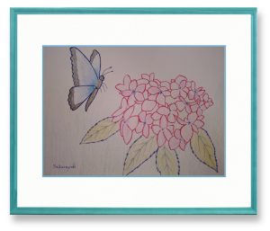 さくらゆきさん「紫陽花と蝶」　紫陽花「舞妓」と蝶を、万年筆と水彩色鉛筆で描きました。