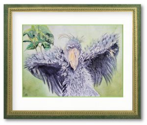 西本秀子さん「shoebill~空と翼」　生息地はアフリカ。絶滅危惧種のハシビロコウ。美しい空と大地 彼らや全ての自然をもっと守っていきたい。