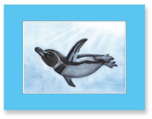 福山千夏さん・結太さん「わーい飛べた！」　ペンギンの泳ぐ姿が空を飛んでいるように見えたので、お兄ちゃんと一緒に水彩色鉛筆で描きました。