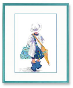 ばーばらさん「傘もつ子」　梅雨の時期に見かけた小さな子が、傘に加え荷物いっぱいの姿がかわいい。