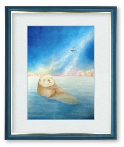 uriさん「星に向かう船」大海原に漂う小さなラッコと、その向こうで夜空に向かって出港する船を描きました。