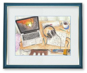 おじいちゃんさん「外は長い間雨が降っている。」雨の日に音楽を聴きながら絵を描いている様子です。