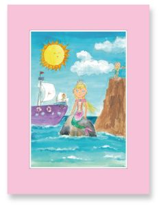 西村　美咲さん「初めて外の世界を見たマーメイド」初めて海の外の世界を見たマーメイドが、大きな船や岸壁の冒険家の女の子に興味津々な所を描きました。