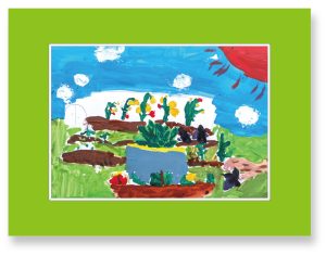 むぎちゃさん「豊作」家にある多肉植物と、庭の畑の夏野菜をお皿につめこんだ絵です。