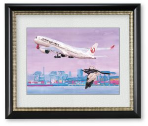 ReAさん「小さき者の壮大な夢」空港の展望台から小さな鳥が大きな飛行機に憧れるかのように大きく羽を広げ飛び立った様子を描きました。
