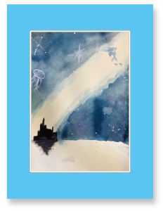 ゆうにゃさん「星空の湖と夢のつぶ」たくさんの夢（希望）がひとつひとつの星つぶのように夜空に広がり、海や湖にも映って光る様子を描きました
