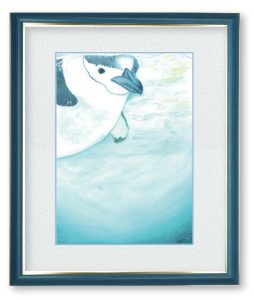 Cianさん「波のまにまに」水面からこちらを見つめるヒゲペンギンを描きました