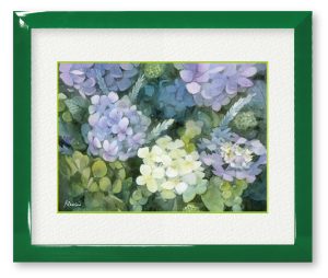 らんすいさん「紫陽花綴る」普段使わない鮮やかな緑の額から新しい自分を芽吹かせようと、自由に紫陽花を綴って額の中を満たしました。