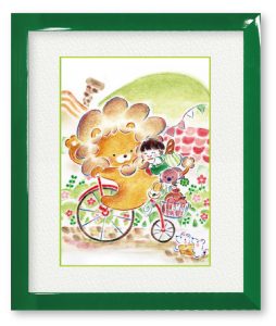 いぬのひとさん「の〜せ〜て！」ライオンくんの大きな自転車はみんなに大人気！ワクワクする気持ちを込めて描きました。