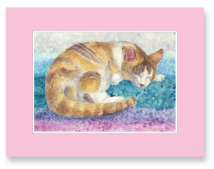 かのこさん「ねむりねこ」背景を寒色にし、猫が暖かい夢を見ているように見せました。見た人も暖かい気持ちになってほしいです。