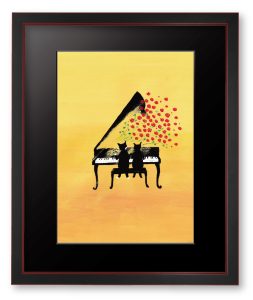 yukikoさん「stage～愛の挨拶」光にあふれたステージを、袖から見ている景色を描きました。演奏している二人のピアノからは沢山のバラが！
